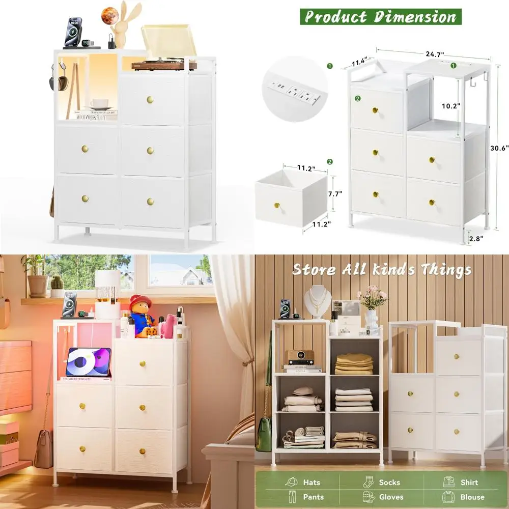 

Modern Large Storage Nightstand with 5 Drawers, Charging Station, and LED Lights for Bedside Use