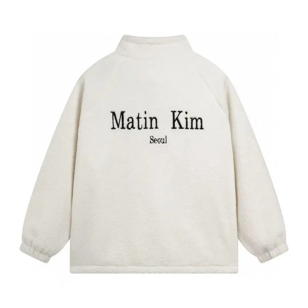 Matin Kim Korean Streetwear Fleece Coat Embroidered Letter Stand Collar Loose Warm Unisex Jacket