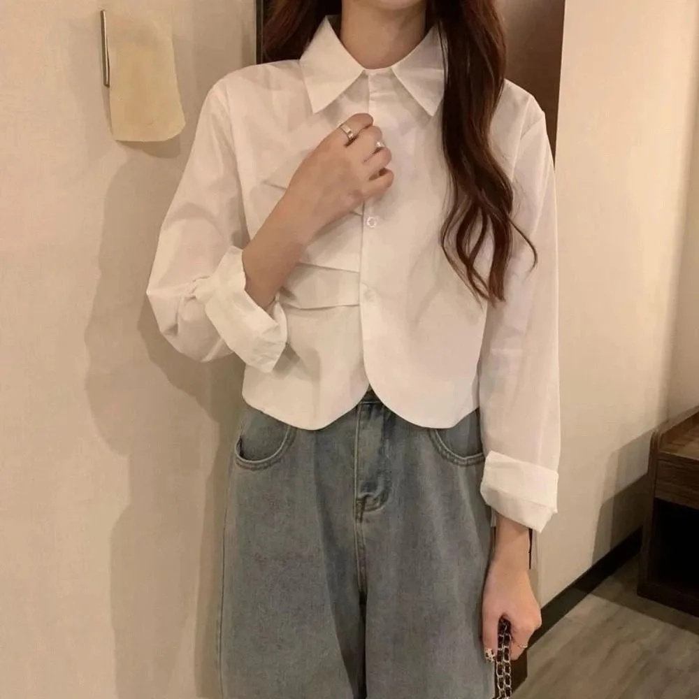 Ins Fashion Short Ruffle Long Sleeve Shirt V-neck Korean Style Women Stripes Blouse Streetwear Stripes Long Sleeve Tops Women