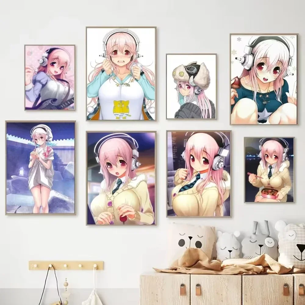 Póster clásico de anime de Super Sonico, póster vintage de papel kraft para clubes y bares, arte mural, pintura para dormitorio, estudio, pegatinas.