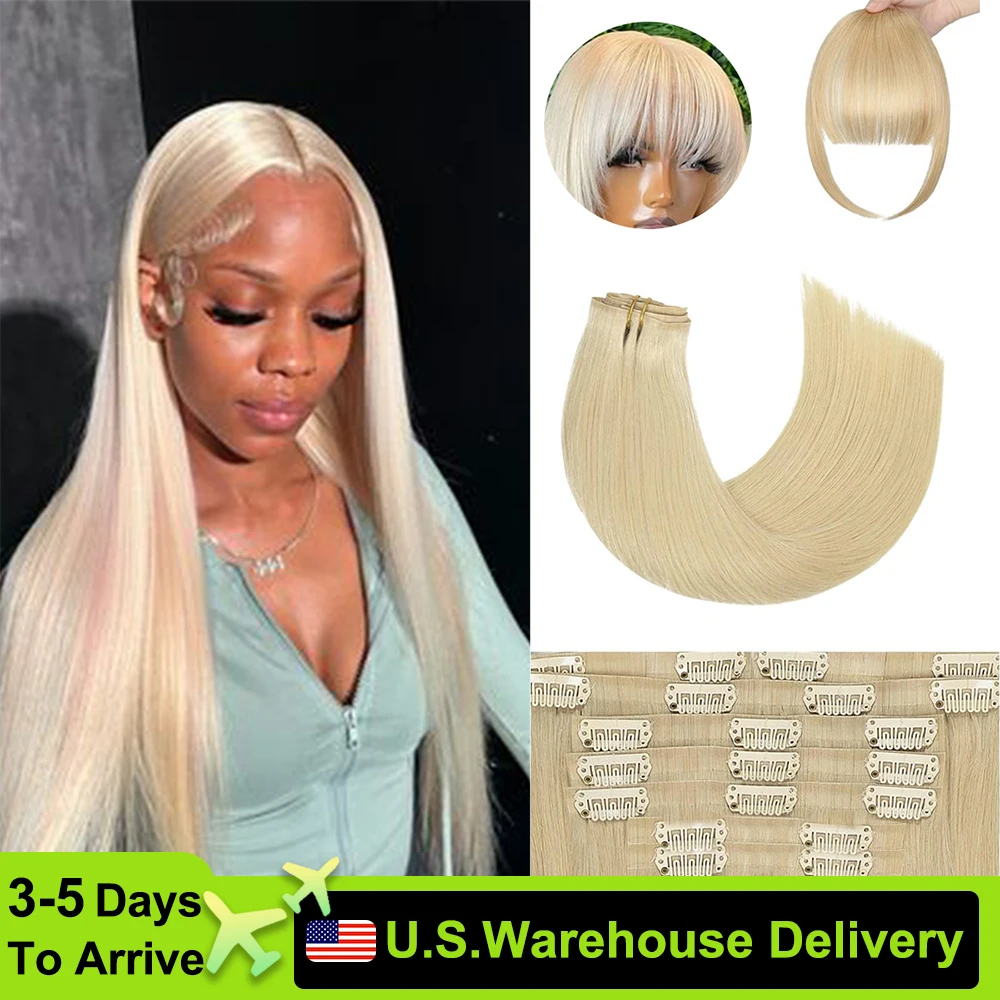 Blonde Seamless Hair Extensions 10Pcs/Pack 140g In Hair Extensions And Clip On Bangs 613 Blonde Clip Ins Straight Full Head