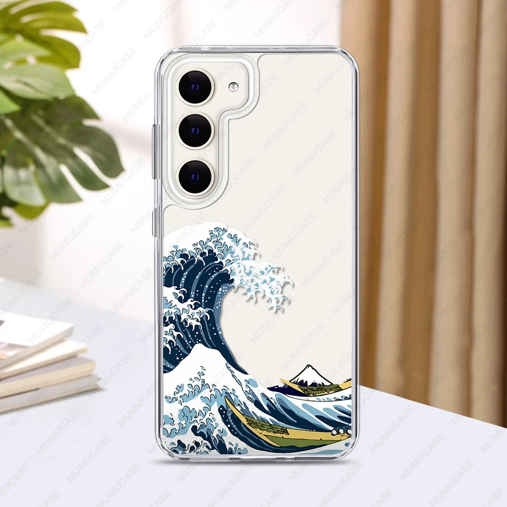 2 in 1 PC+TPU Phone Case For Samsung Galaxy S25 S24 S23 Ultra S24FE A34 A35 A53 A54 A55 Shockproof Cover japanese waves Art