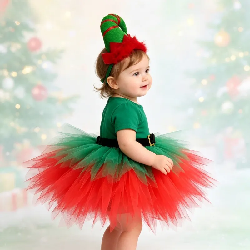 Kids' Christmas tutu skirt sets, mid-length Christmas half skirts in red and green tulle, exquisite tutu dresses for kids