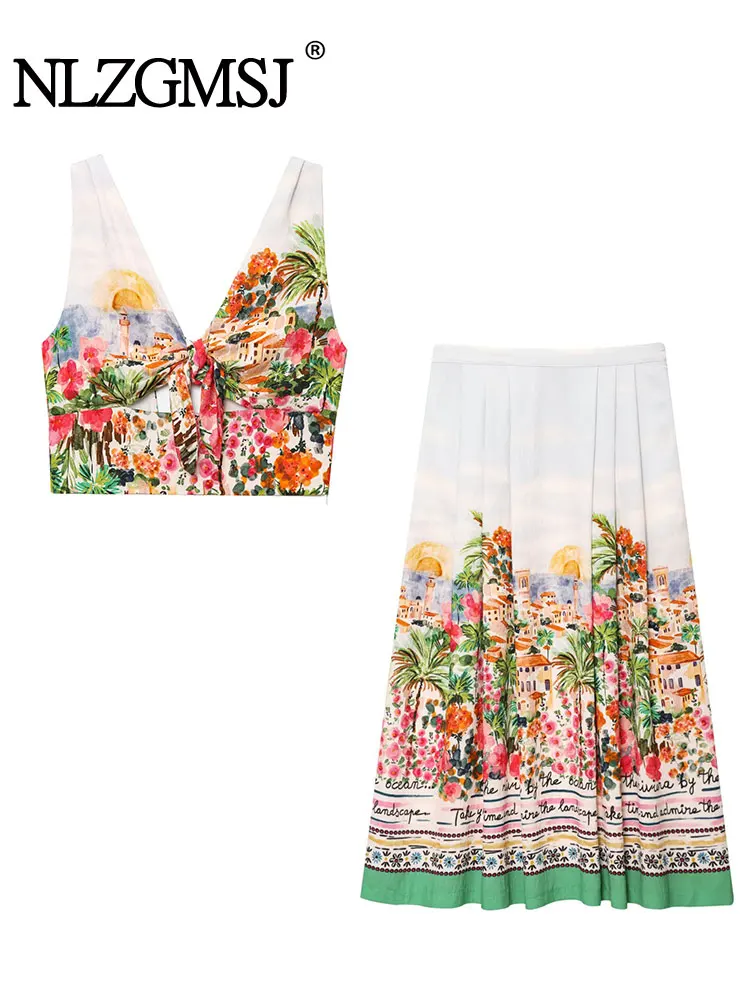 

NLZGMSJ 2025 винтажный летний женский костюм с принтом, короткие топы на бретельках, женские + прямая свободная юбка, модные праздничные пляжные комплекты