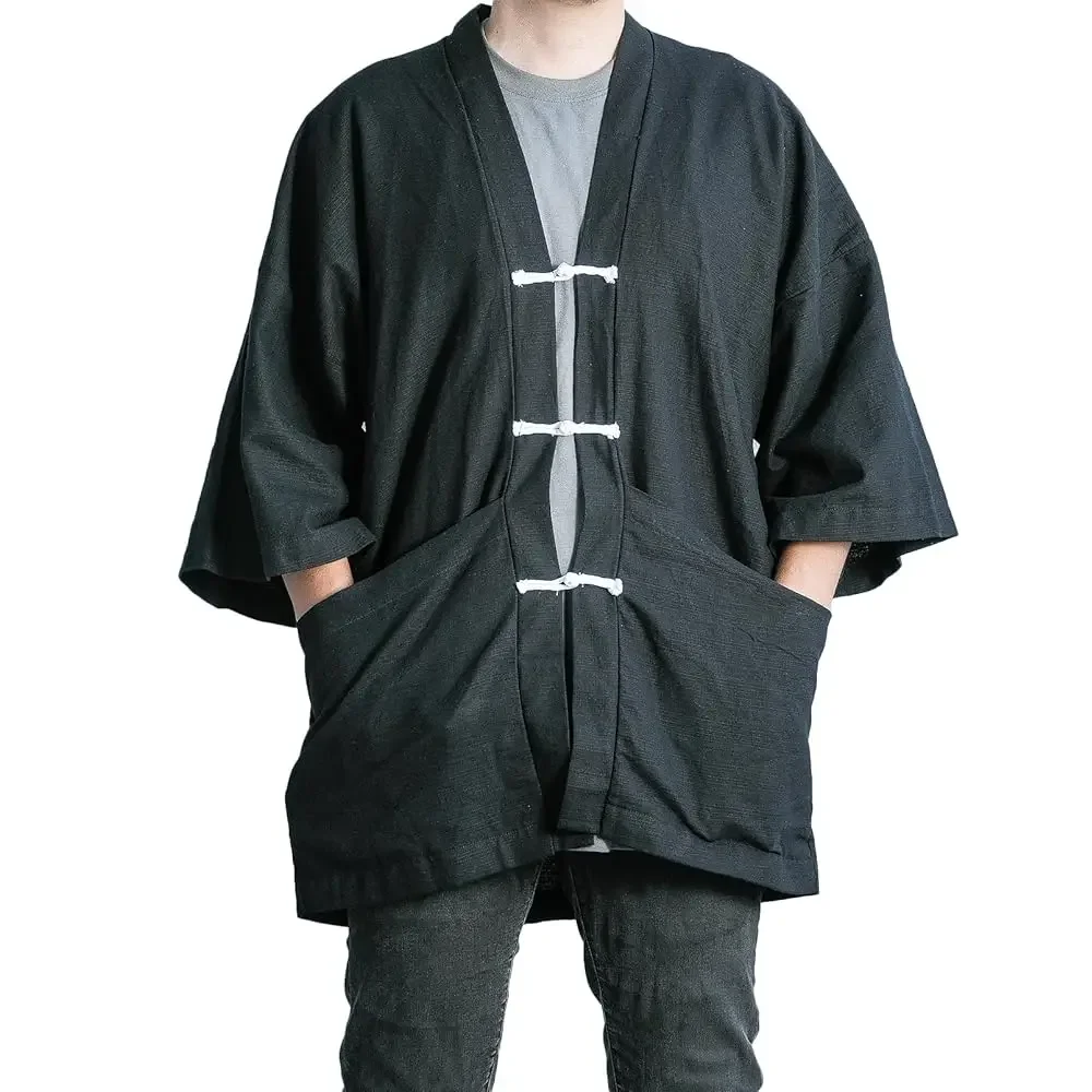 

Мужской хлопково-льняной кардиган-кимоно с 2 карманами, оверсайз, в стиле нораги, летняя юката, пляжный халат