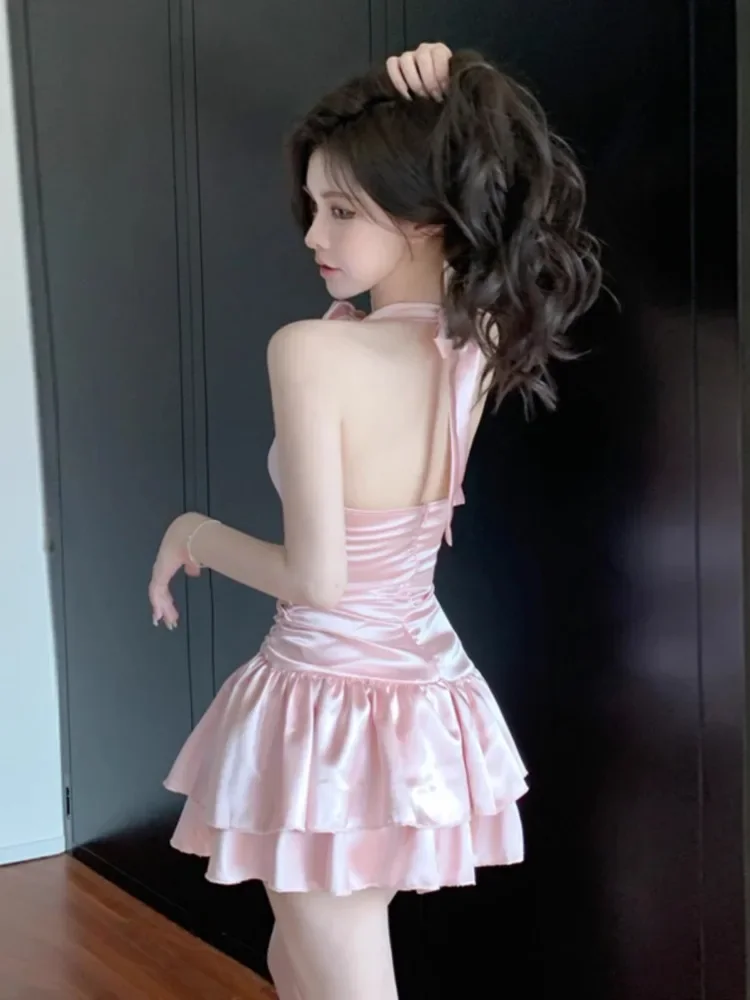 Ezgaga Dresses Women Flowers Party Sleeveless Halter Bandage Hollow Out Slim Sweet Elegant Ruffles Sexy Mini Dress Female