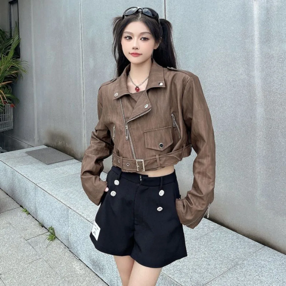 Punk Khaki Leather Jacket Women Retro Irregular Zipper Moto Biker PU Coat Korean Casual High Street Cropped Faux Leather Coat