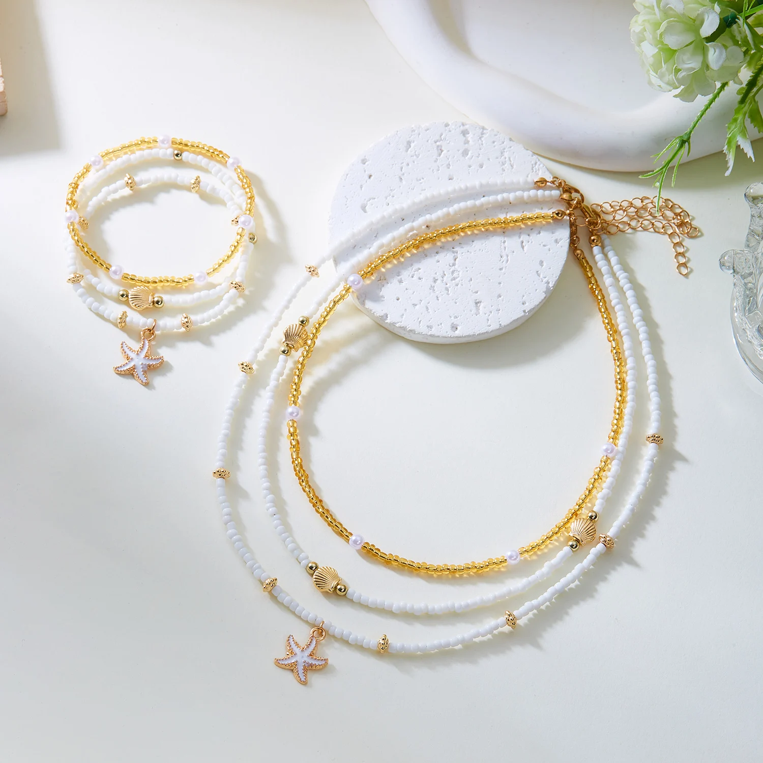 Ozean-inspiriertes Mehrschichtiges Perlenketten-Set für Frauen Seestern-Muschel-Perlen-Stil Boho Strand-Schmuck Sommer-Urlaub Accessoire – Detail 4