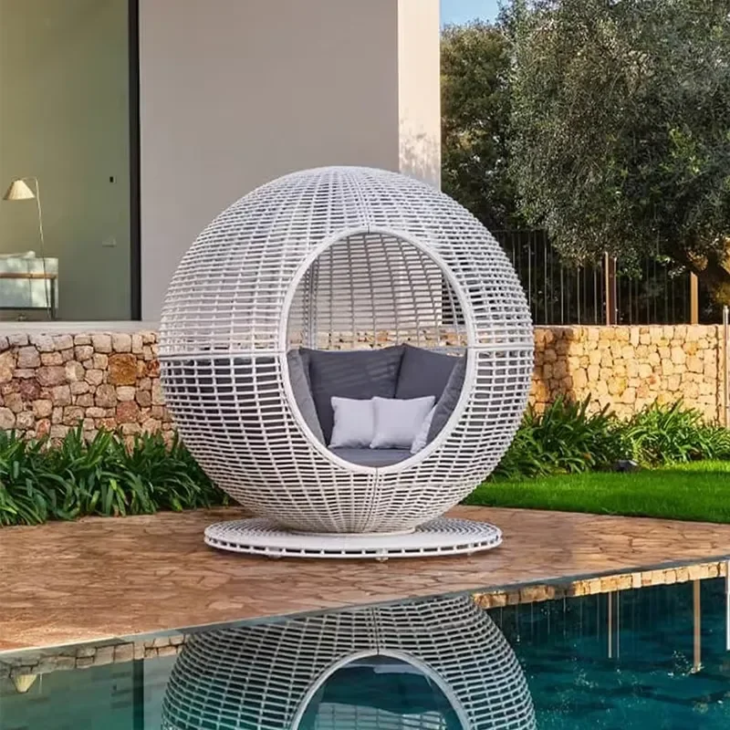 Nordic Patio Canopy Daybed Outdoor Lounge Chair Sofa Garden Beach Rattan Furniture Aluminium Outside Daybed with Canopy