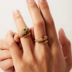 2025 Vintage Hollow Zircon Rings For Women Metal Gold Color Trend Luxury Snake Shape Vintage Trendy Stainless Steel Ring Jewelry