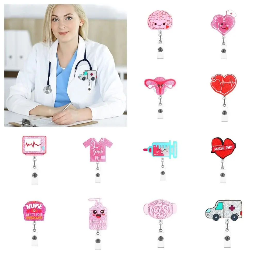 Glitter Nurse Retractable Badge Reel Love Heart Chill Pill Name Card Holder Work Card Clips 360 Rotating Alligator Clip