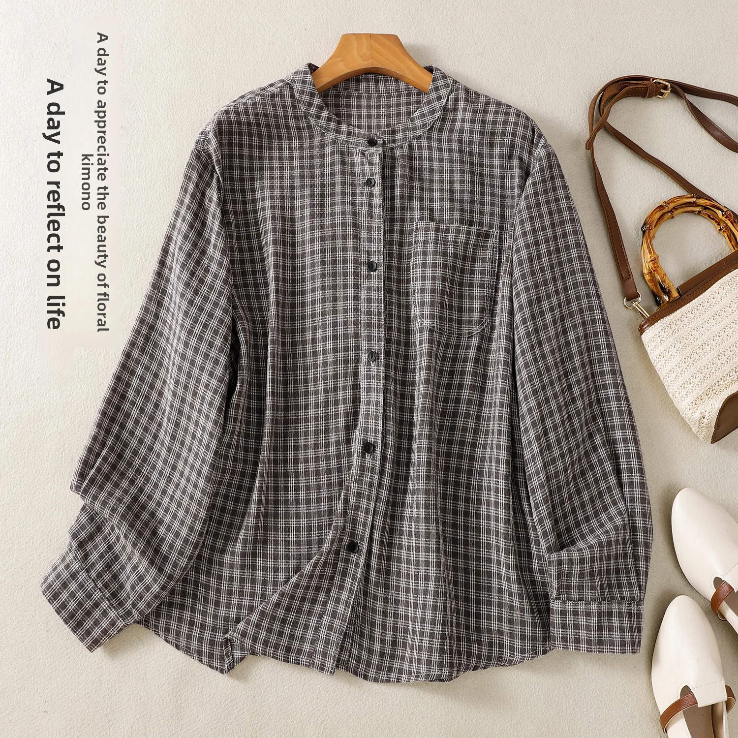 เสื้อคลุมคาร์ดิแกนผ้าลินินลายสก็อตสีเรโทรสำหรับผู้หญิง ทรงยาว ตัดเย็บอย่างประณีต คอตั้ง ดีไซน์ศิลปะ เปิดด้านบน ยาว...