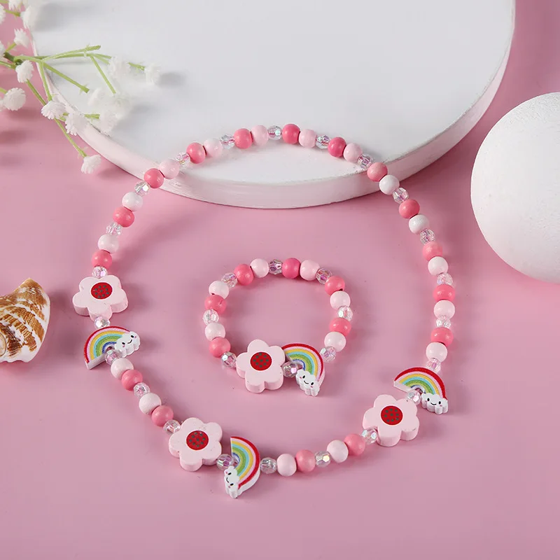 Fashion Necklace Bracelet Sets Natural Wood Beads Cute Cartoon Pattern For Jewelry Girl Birthday Gift Jewelry Sets