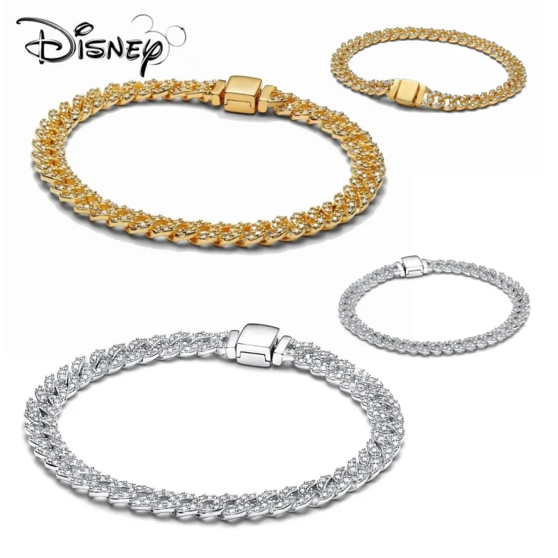 Disney Princess S925 Silver Plated Glitter Eternal Chain Bracelet, Lady's Birthday Gift, Ancient Gold Chain, 2024, New