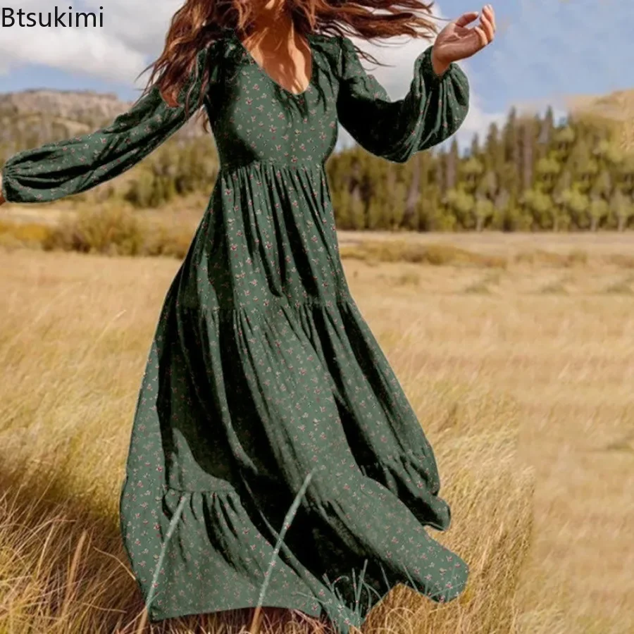 2025 Stylish Casual Maxi Dress for Women Floral Printed Mini Dress Evening Party Dresses V-neck Lantern Sleeve A-line Long Skirt image 2