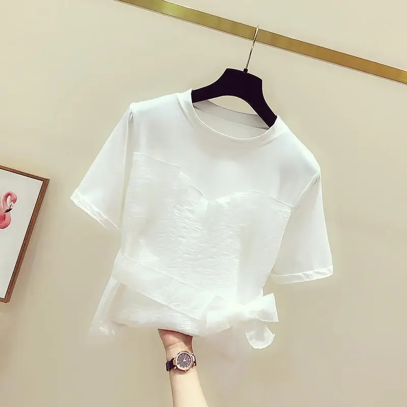 Neplo 2024 Summer Korea Femme Casual Fake Two-Piece Top Elegant Simple O-Neck Tees Mesh Bandage Slim Waist Short Sleeve T-Shirts