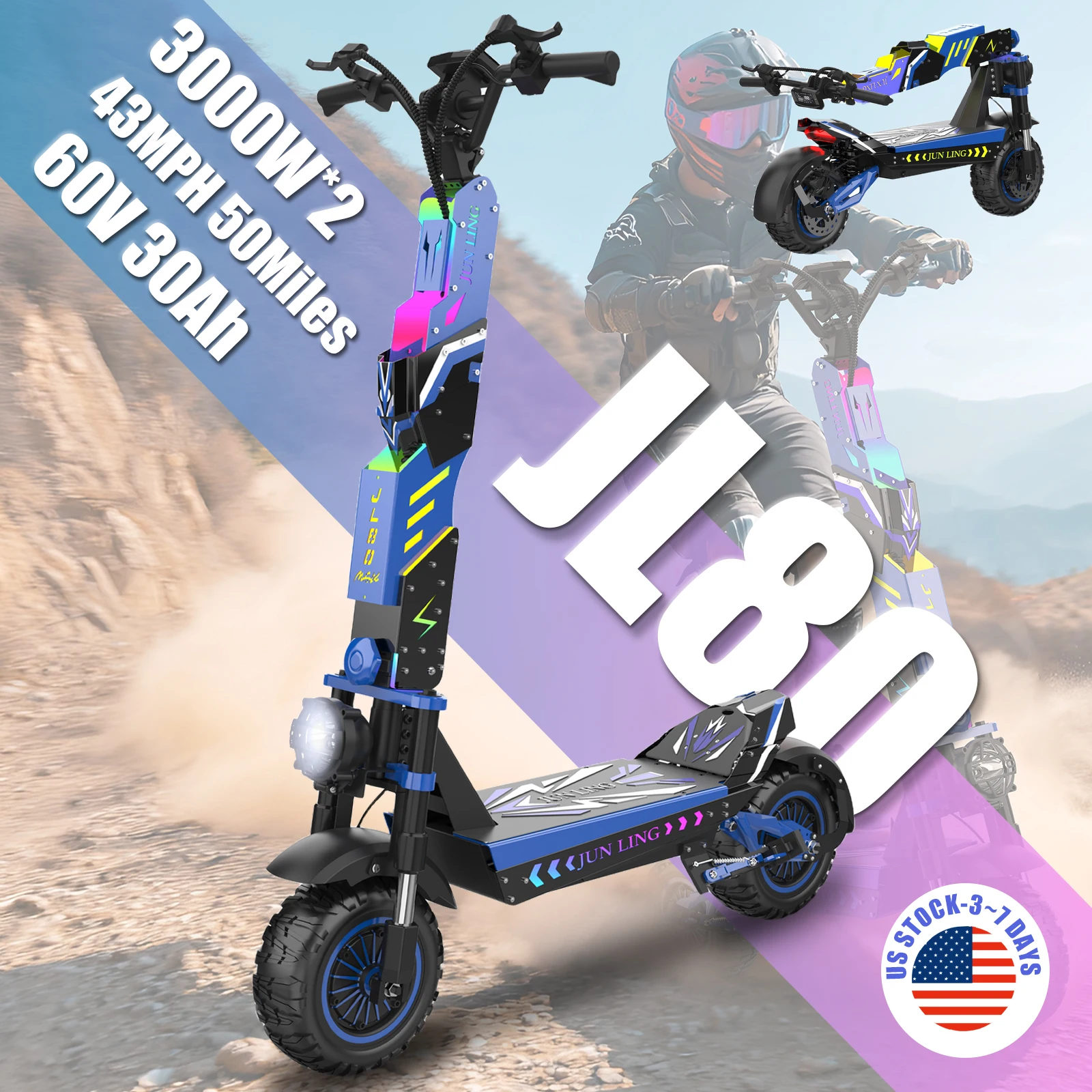JL80 Adult Electric Scooter 6000W Peak Dual Motors 43MPH Top Speed 60V30Ah Battery 50Miles Max Range Hydraulic Suspension Shock Absorption All-Wheel Disc Brake System 3 Adjustable Speed APP NFC Unlocking E-Scooter with Bluetooth Music Player US Stock 2026
