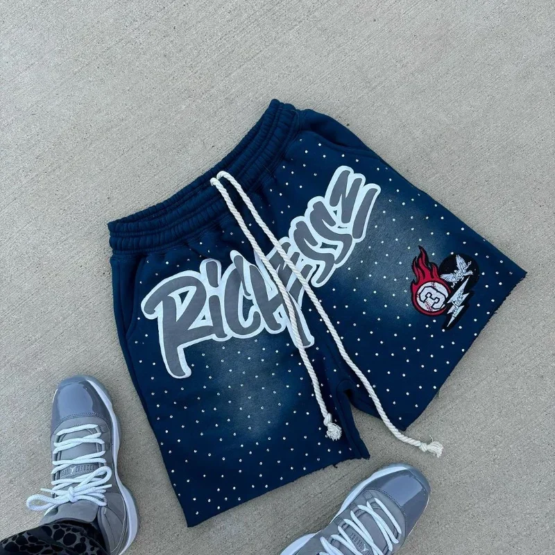 

American fashion casual street letter printing men's shorts rhinestone drawstring quick-drying casual basketball jogging pants
