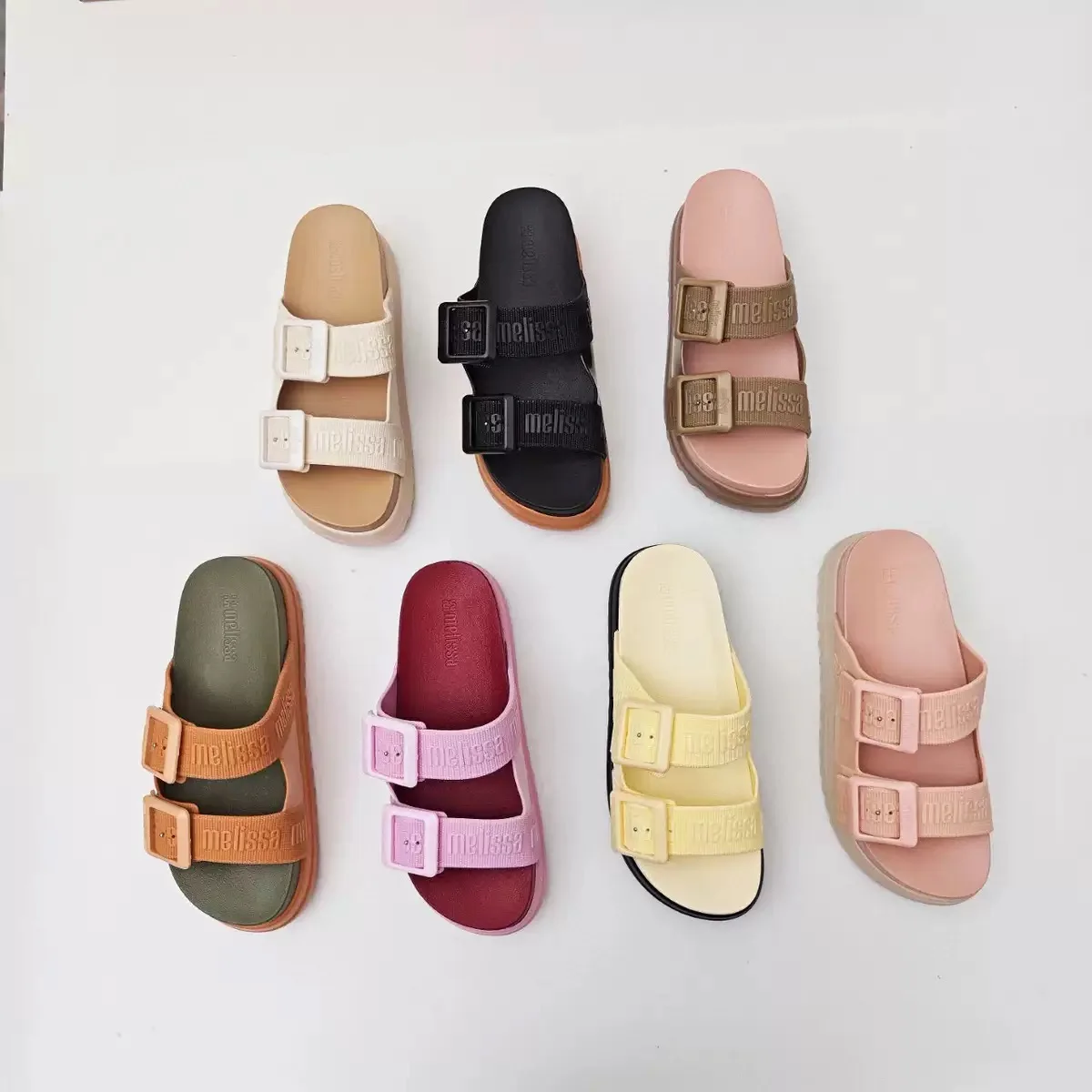 

Mini Melissa ashion Metal Buckle Decor Flat Slippers Women 2025 Summer Non Slip Beach Sandals Women Outdoor Slides Flip Flops
