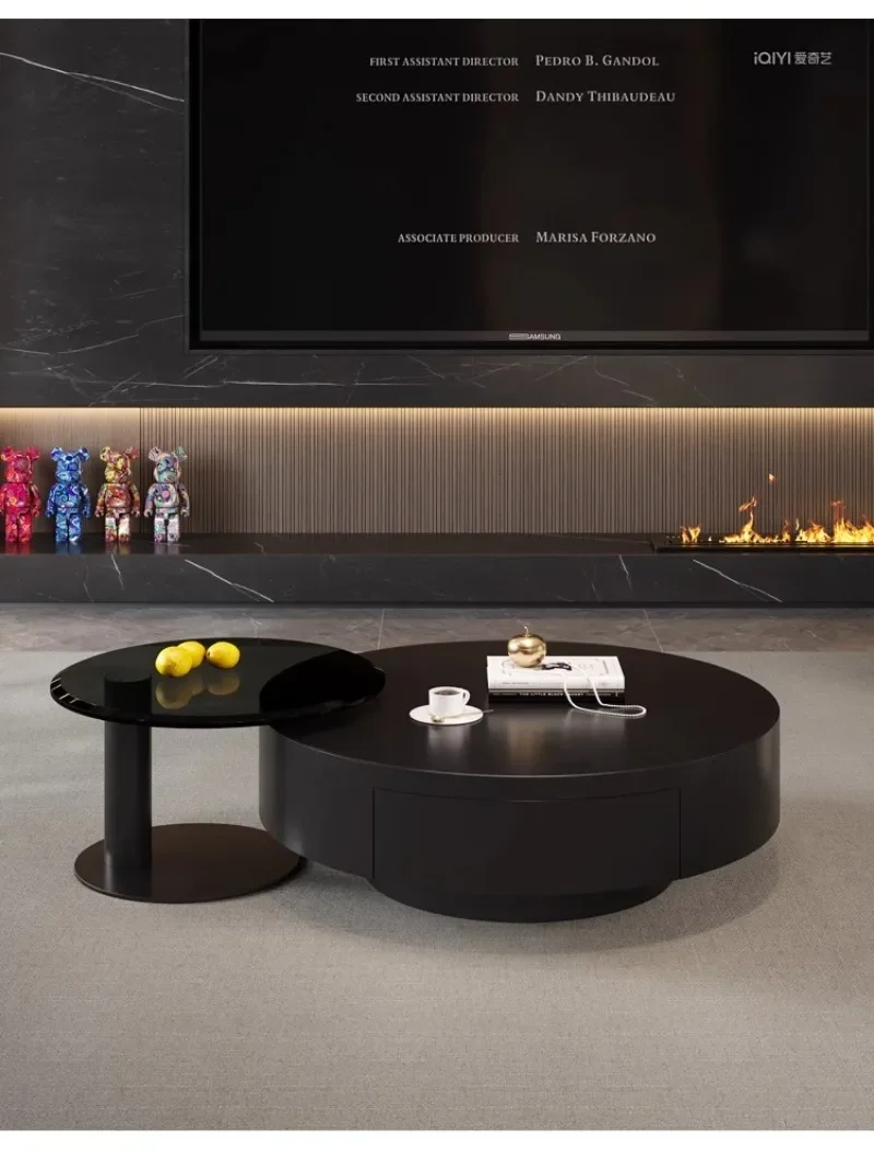 شقة منزلية جديدة خفيفة فاخرة راقية إيطالية بسيطة مستديرة طاولة قهوة سوداء نقية مزيج من الفولاذ المقاوم للصدأ