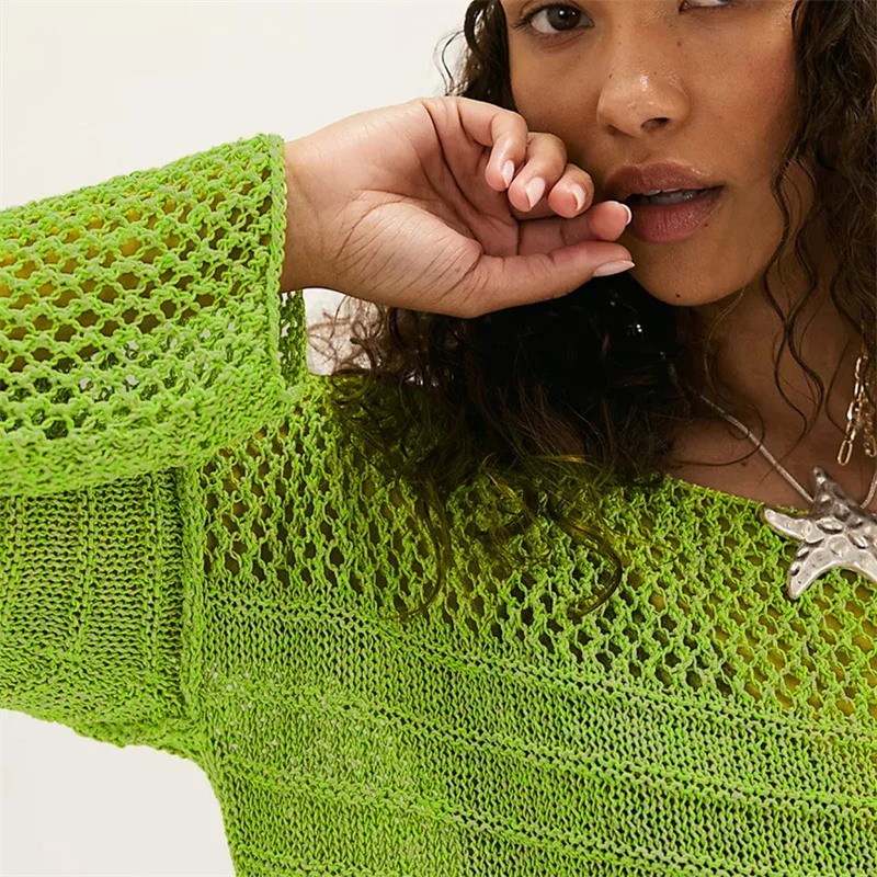Wanita Seksi Hollow Keluar Crochet Bikini Cover Up Lengan Panjang Pantai Cover-Up Blus Rajut Crop Top Tipis Sweater Blusa