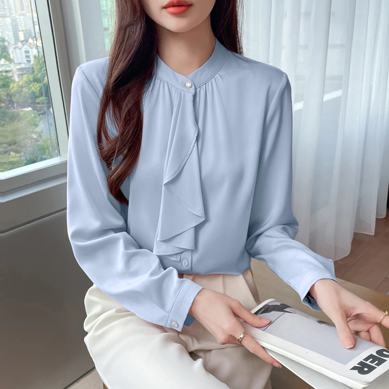 Blusas femininas vintage camisas de cor sólida moda solta verão arco roupas coreanas manga comprida chiffon casual feminino topos