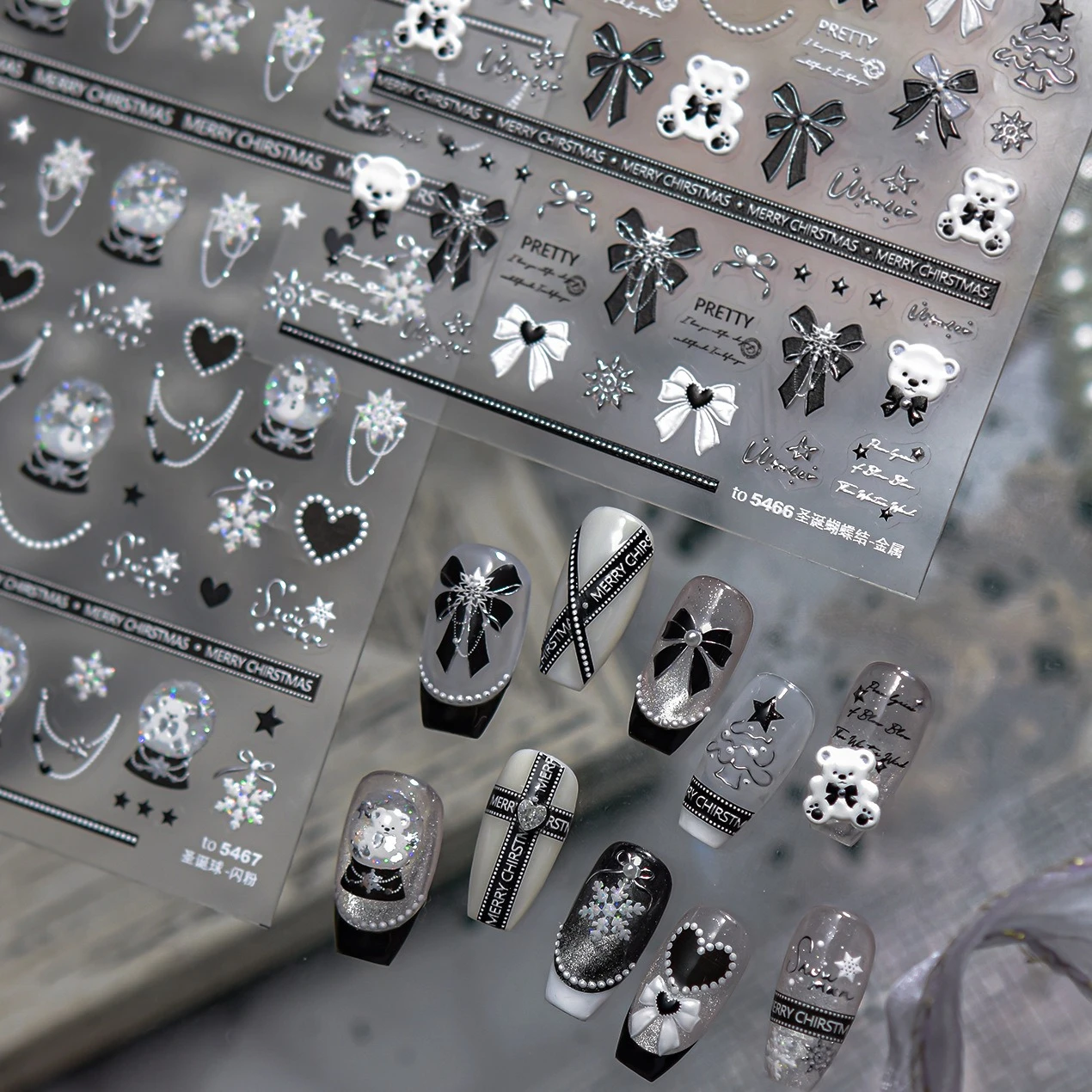 

Black White Bear Bowknot Crystal Ball Snowman Christmas Tree Snowflake Ribbon Graffiti Adhesive Nail Art Sticker Manicure Decal