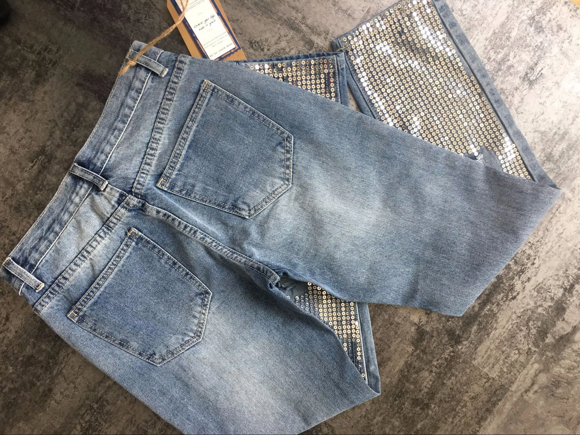 Street Loose Straight-Leg Denim Cropped Pants 2024 Spring Summer Sequins Embedded Make Old Blue Ripped Jeans for Women