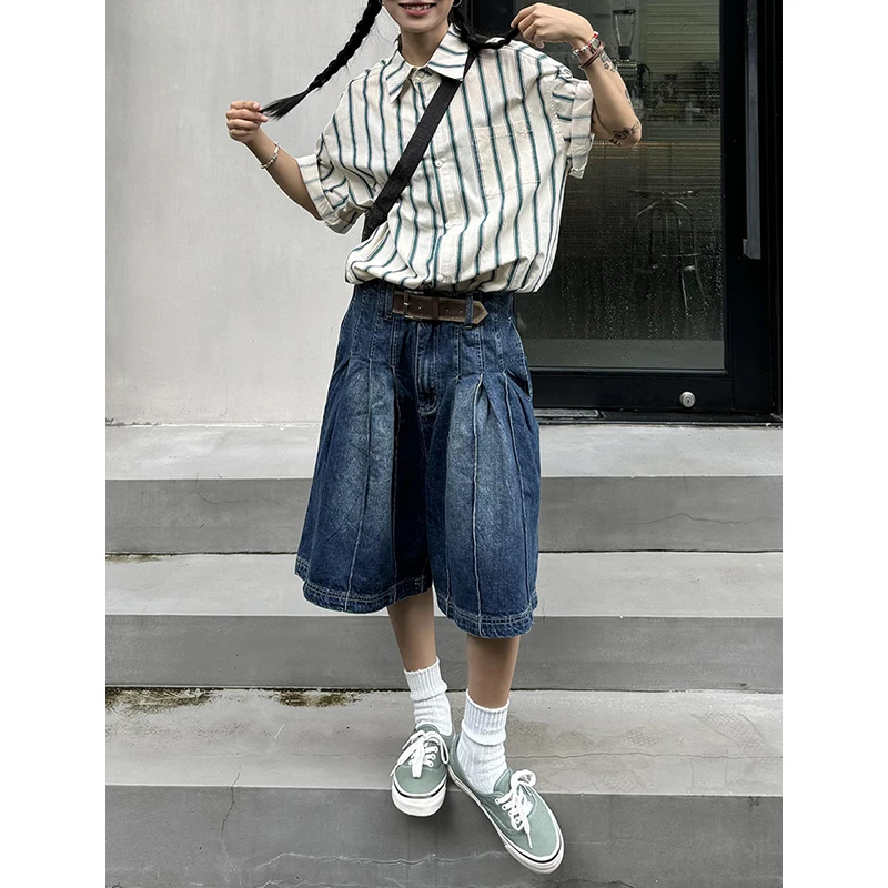 

PBAP винтажные потертые широкие джинсовые шорты женские с низкой талией синие потертые плиссированные укороченные джинсы спереди корейская повседневная уличная одежда