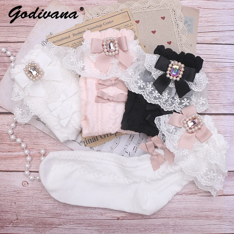 

Japanese Hand Made Lolita Sweet Lace Socks Female Girls Rhinestone Bow Cotton Short Socks Autumn and Winter Sock