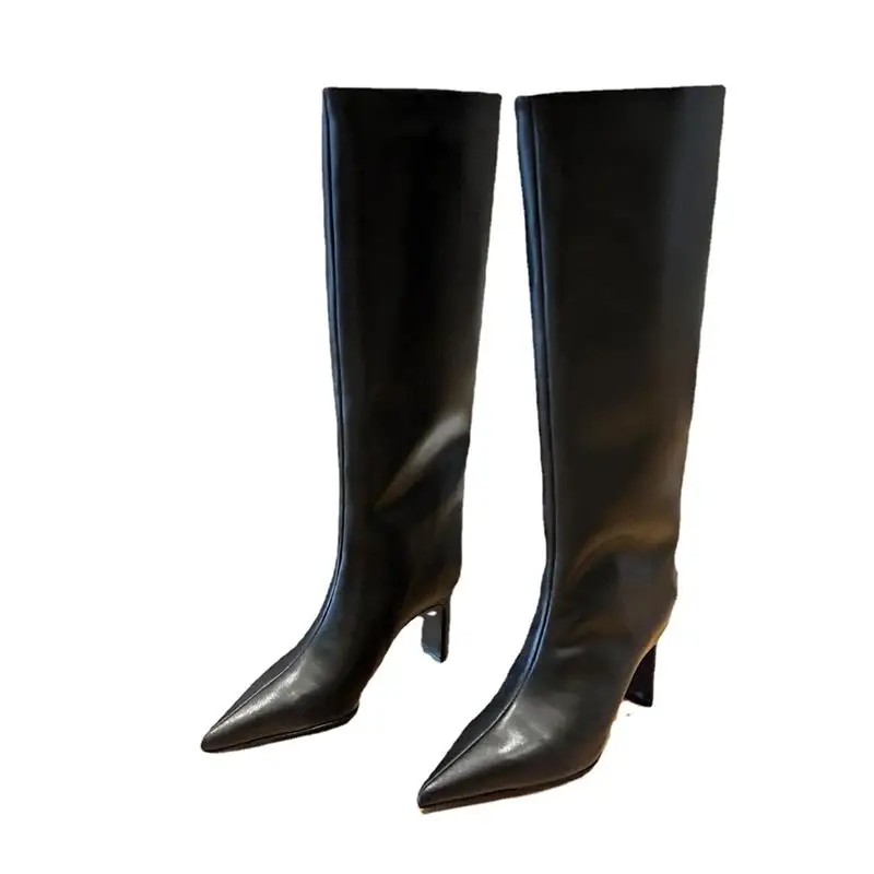 Women's pointed to knee thick high-heeled boots, fashionable golden boots, winter