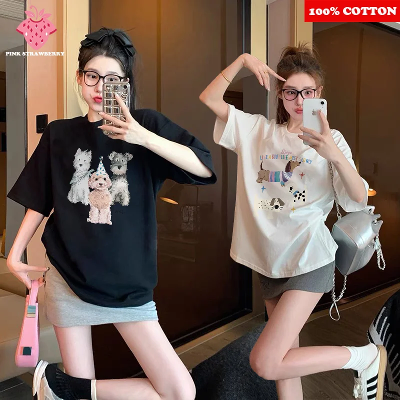

Cute dog Cartoon Printing T-shirt Women's Summer New 100% Cotton Short Sleeve T-shirt Casual comfort Top lovely female clothing