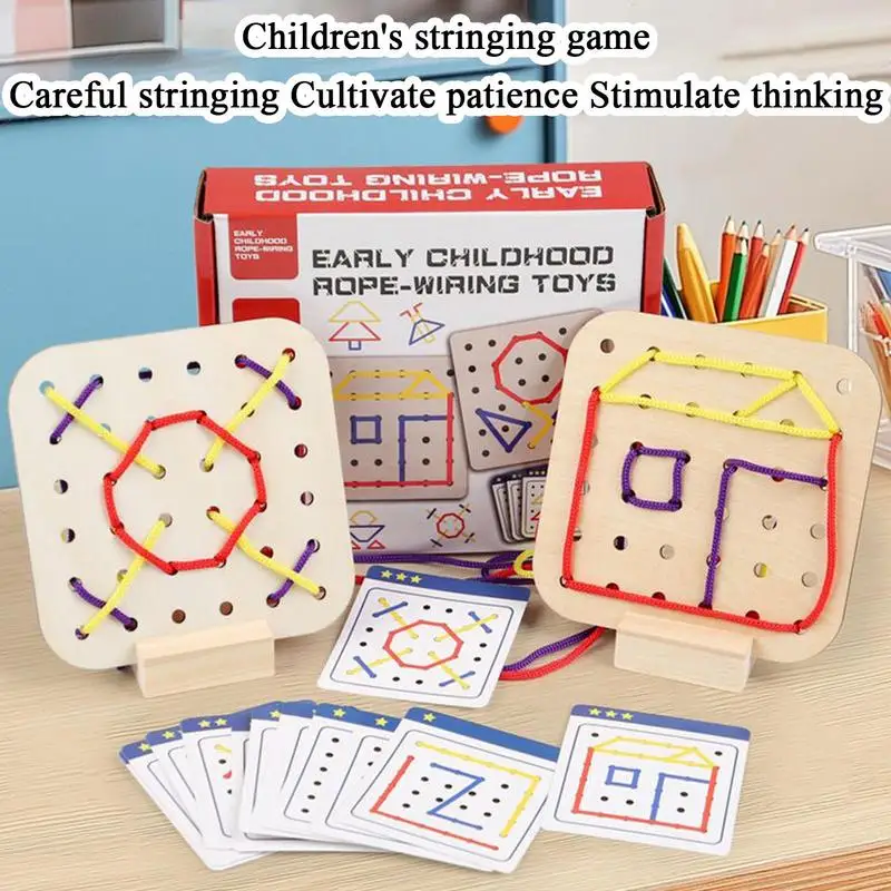 

Деревянная головоломка со шнуровкой, игрушки Монтессори, деревянная веревочная доска с резьбой, тренировочные игры для моторики, ранние развивающие игрушки для малышей