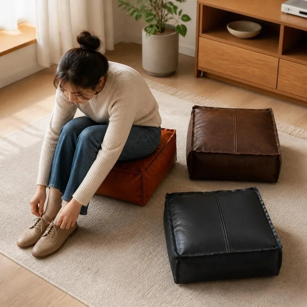 Large Capacity Square Pouf Cover Removable Waterproof Storage Leg Bench Non-Slip Solid Color Shoe-changing Stool Clothes Storage