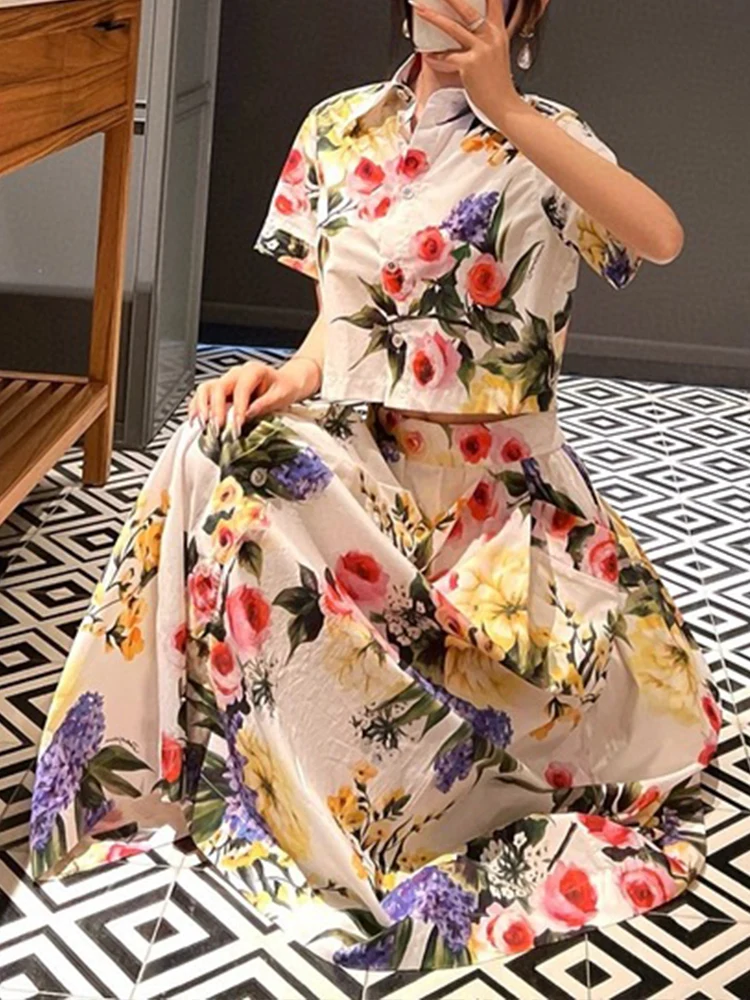 

Spring and summer women's new flower print 5 lapel short shirt+high waist and pleated A-word skirt fashion two-piece suit