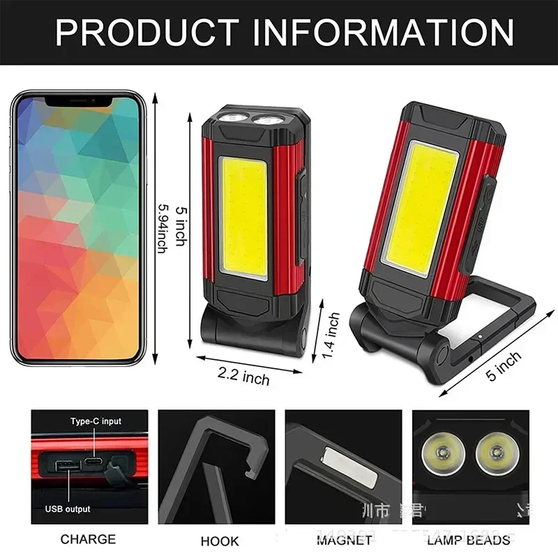 Senter LED terang Cob multifungsi, lampu senter terang pengisian daya Usb dengan pemegang Magnet kait perbaikan Super terang pencahayaan darurat