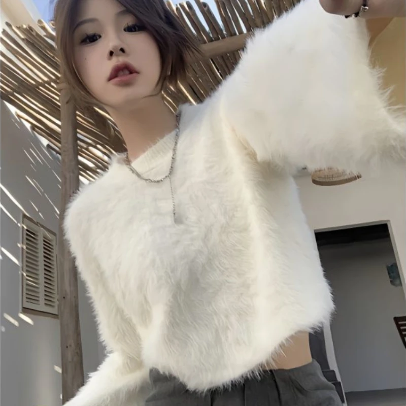 Pullovers Women Solid Fall Winter Slim-fit  Long Flare Sleeve Knitted Sweaters O-neck Crop Tops Korean Style Simple All-match