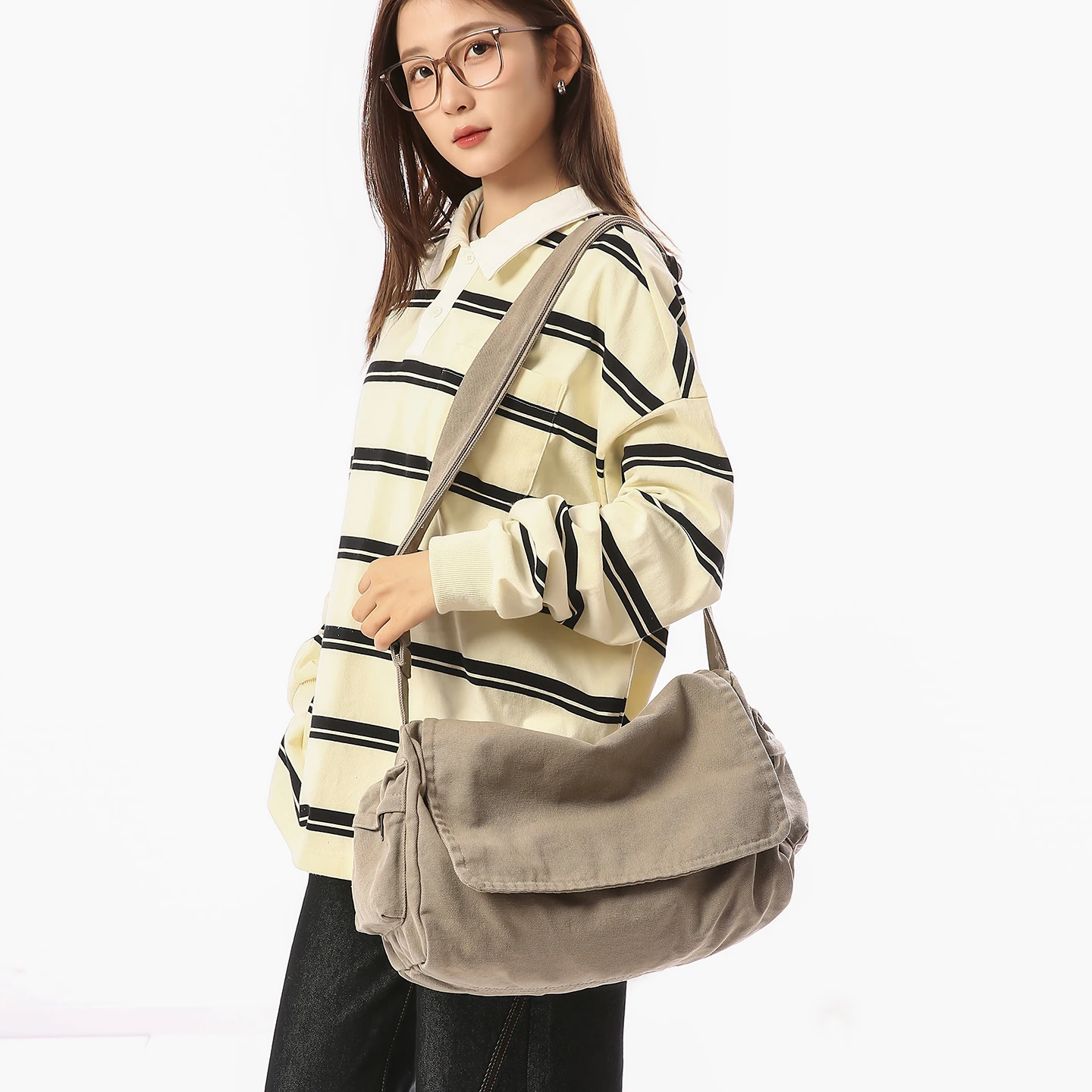 

Flap Canvas Women's Bag Durable Shoulder Bag Solid Eco Bag Korean Shopper Messenger Bag Y2K Handbag School Satchel Multi Pockets