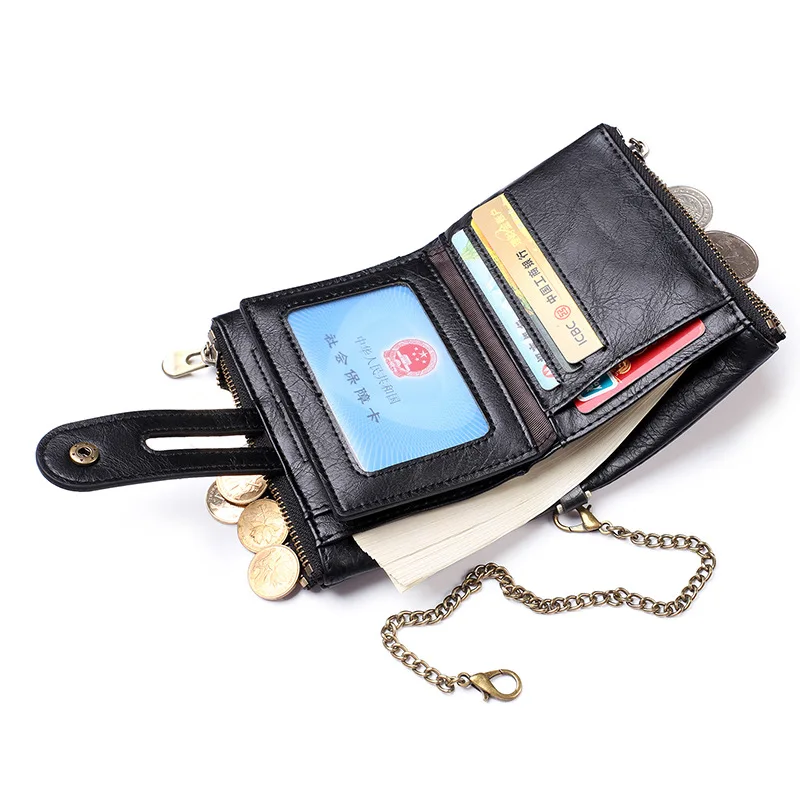 Vintage Genuine Leather Wallet For Men Fashion Chain Coin Purse Male Multiple Card Holders Double Zipper Money Wallet