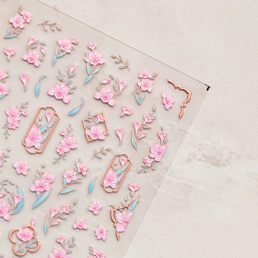 1pcs 5D Kawaii Sweet Flower Nail Art Sticker Exquisite Embossed Pink Canglan Stickers Nail Decoration Slider Decals Accessories