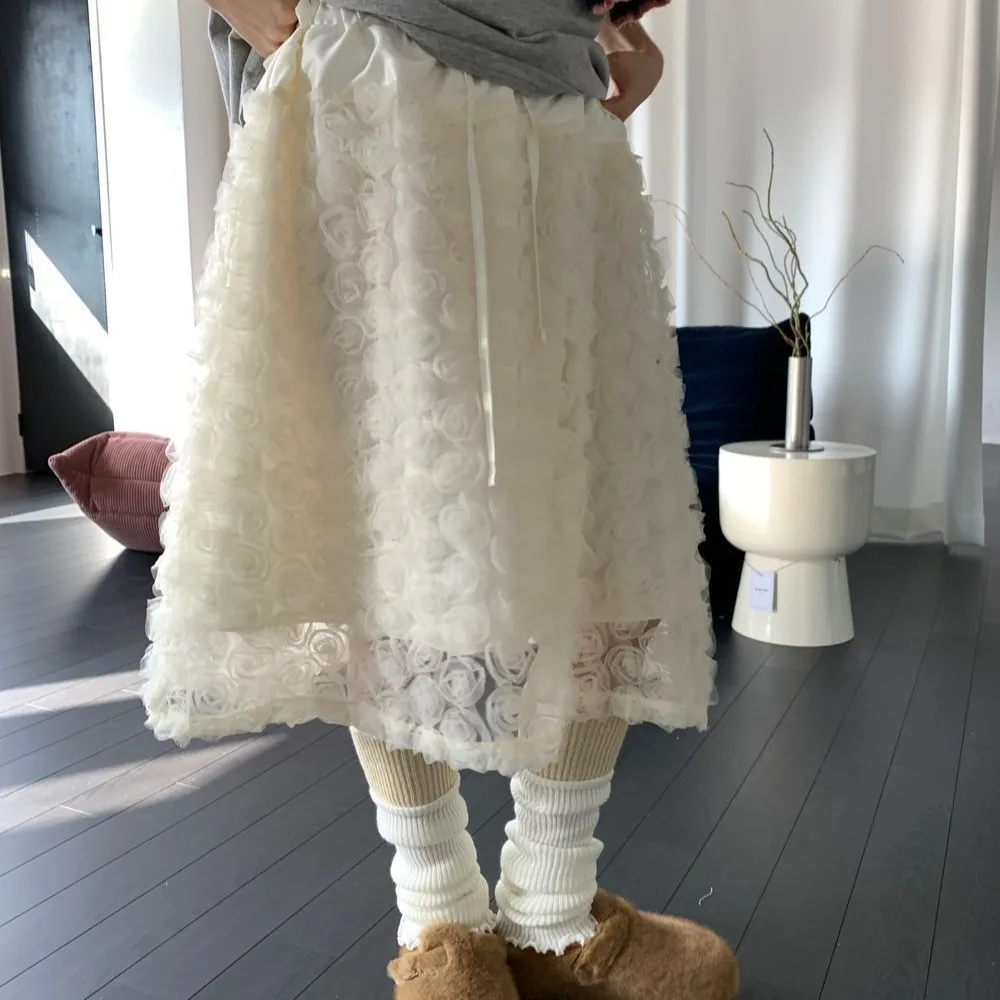 Korean Chic 3D Rose Lace Half Skirt Women's Drawstring High Waist Midi A-Line Skirt Embroidered Polyester Standard Fit