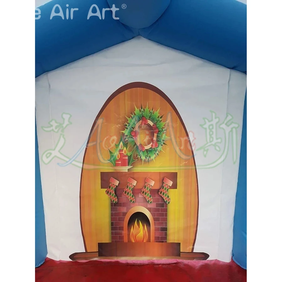 インフレータブルクリスマステント サンタの洞窟 ブルー カスタムクリスマススノーハウス 印刷された雪だるまの暖炉付き ギフト配布用