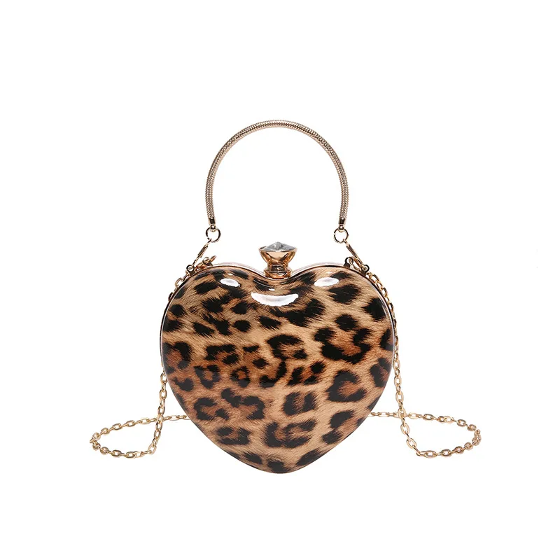 Ladies Famous Brand Evening Clutch Bag Heart Shape PU Patent Leather Leopard Print Luxury Phone Shoulder Handbag Women Wrist Bag