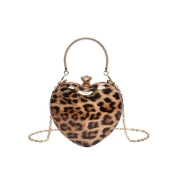 Ladies Famous Brand Evening Clutch Bag Heart Shape PU Patent Leather Leopard Print Luxury Phone Shoulder Handbag Women Wrist Bag