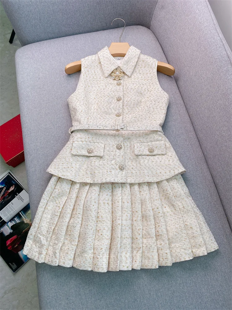 Quality Brand Designer Blue Tweed Two Piece Set Women Short Sequins Dresses 2025 Summer Holiday Evening Party Vestidos Luxury