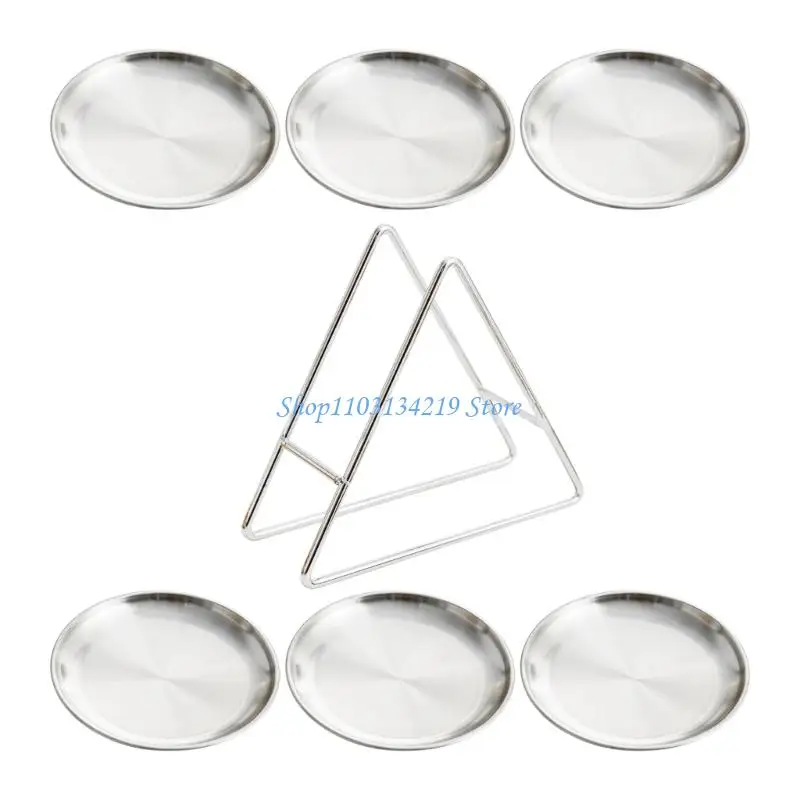 N5KC 6Pcs Stainless Steel Serving Plates Dishes With Triangle Storage Rack, Perfect For Fruit Dessert Snacks And Appetizers