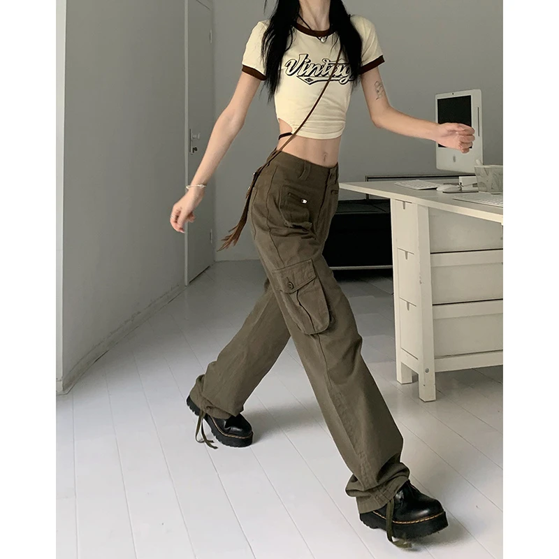 الأمريكية الرجعية العسكرية العمل السراويل النساء شارع العليا Ins كول الساخن فتاة عالية الخصر فضفاضة واسعة الساق جينز غير رسمي