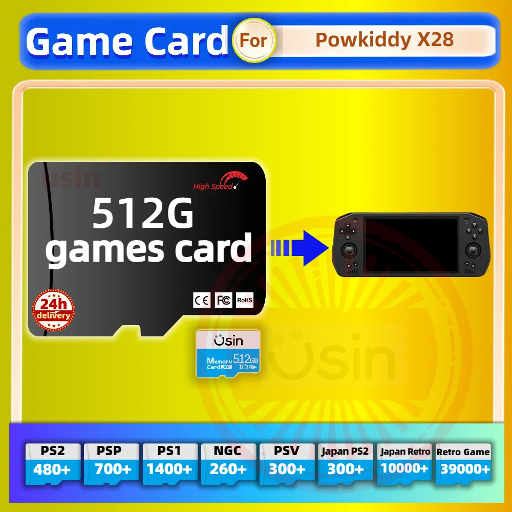 Game Card For Powkiddy X28 X18S Retro Classic Games PS2 PSP Android Handheld Gaming Console Gaming Memory TF SD H-Speed 512G