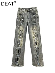 DEAT Women's Denim Pants High Waist Straight Cross Hot Fix Rhinestone Diamonds Retro Thin Jeans 2024 Autumn New Fashion 29L7577