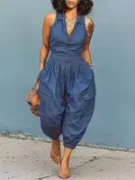 GLOURI Women's Barrel Denim Jumpsuits, Sleeveless Front Button Down High Rise Elastic Waist Wide Leg Jean Overalls, Casual Weekend Daily Outfits, One Piece Jean Streetwear Rompers for Women